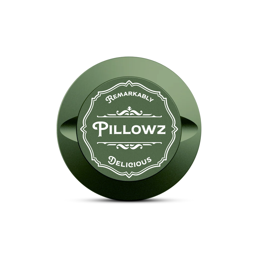 Green nicotine pouch metal travel container with Pillowz branding on the  top