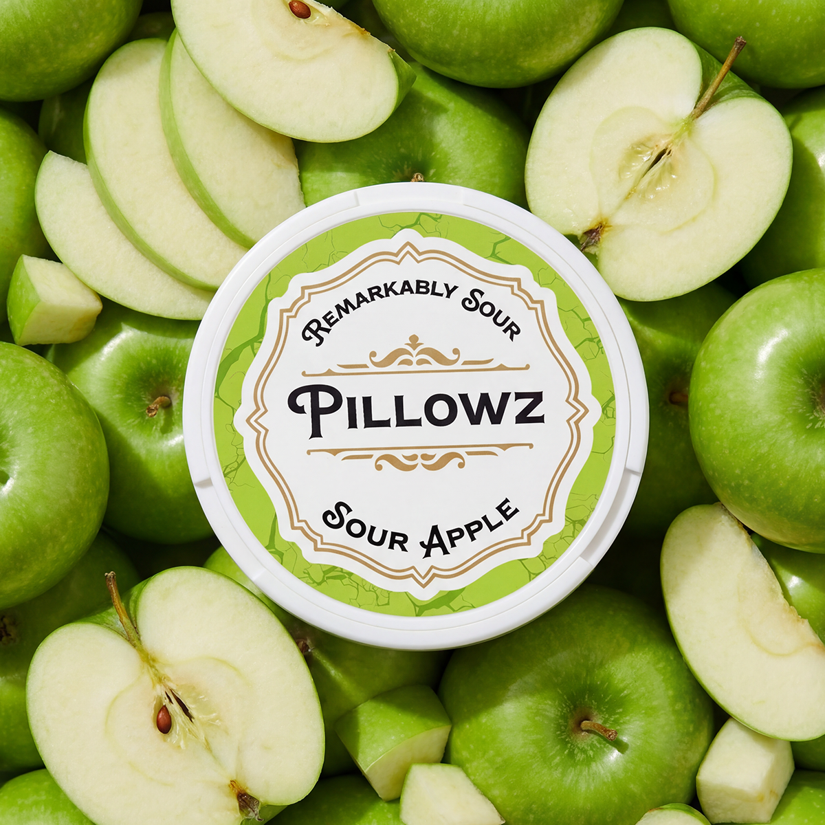 Container of 'Pillowz Sour Apple' surrounded by green apples and apple slices