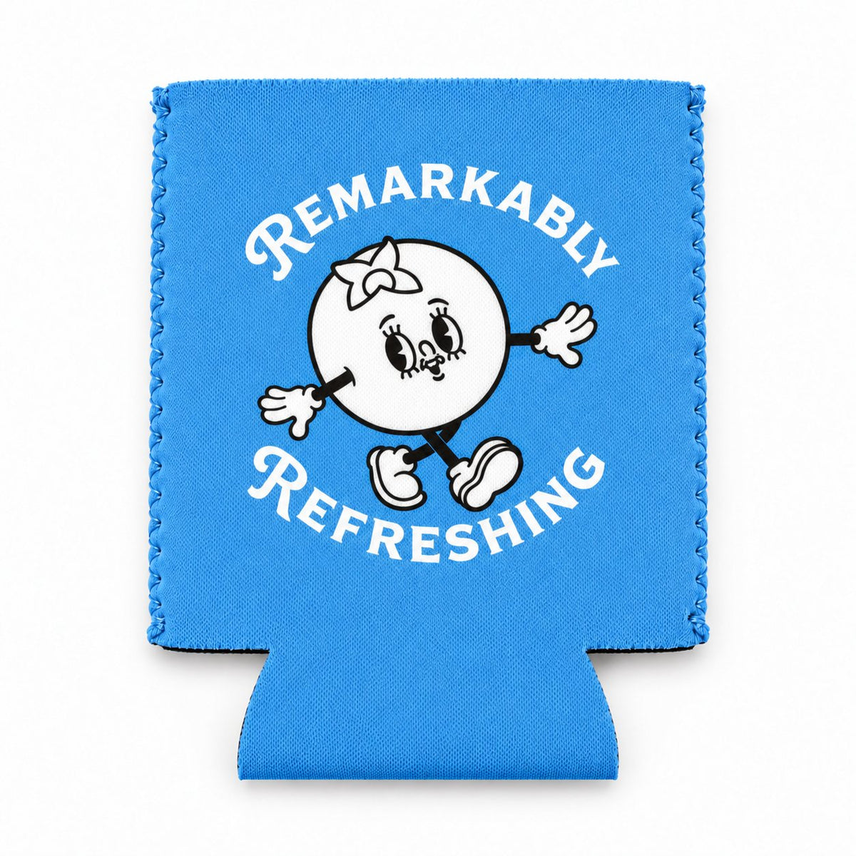 Blue Pillowz neoprene can koozie, blueberry mascot side, laid flat