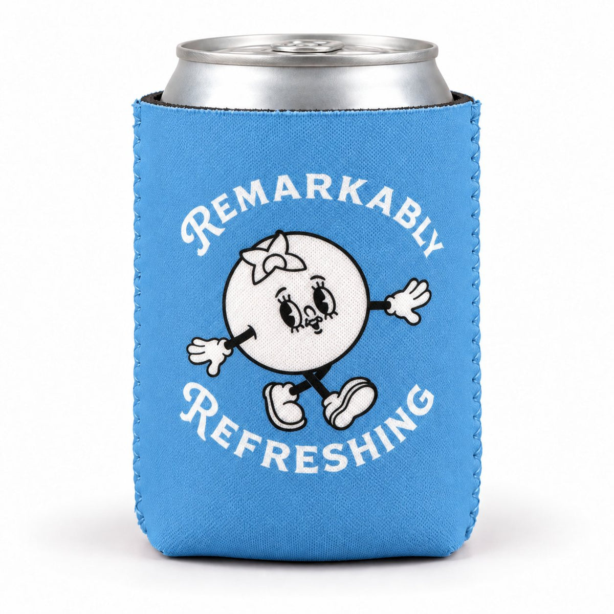 Blue Pillowz can koozie with blueberry mascot on a can