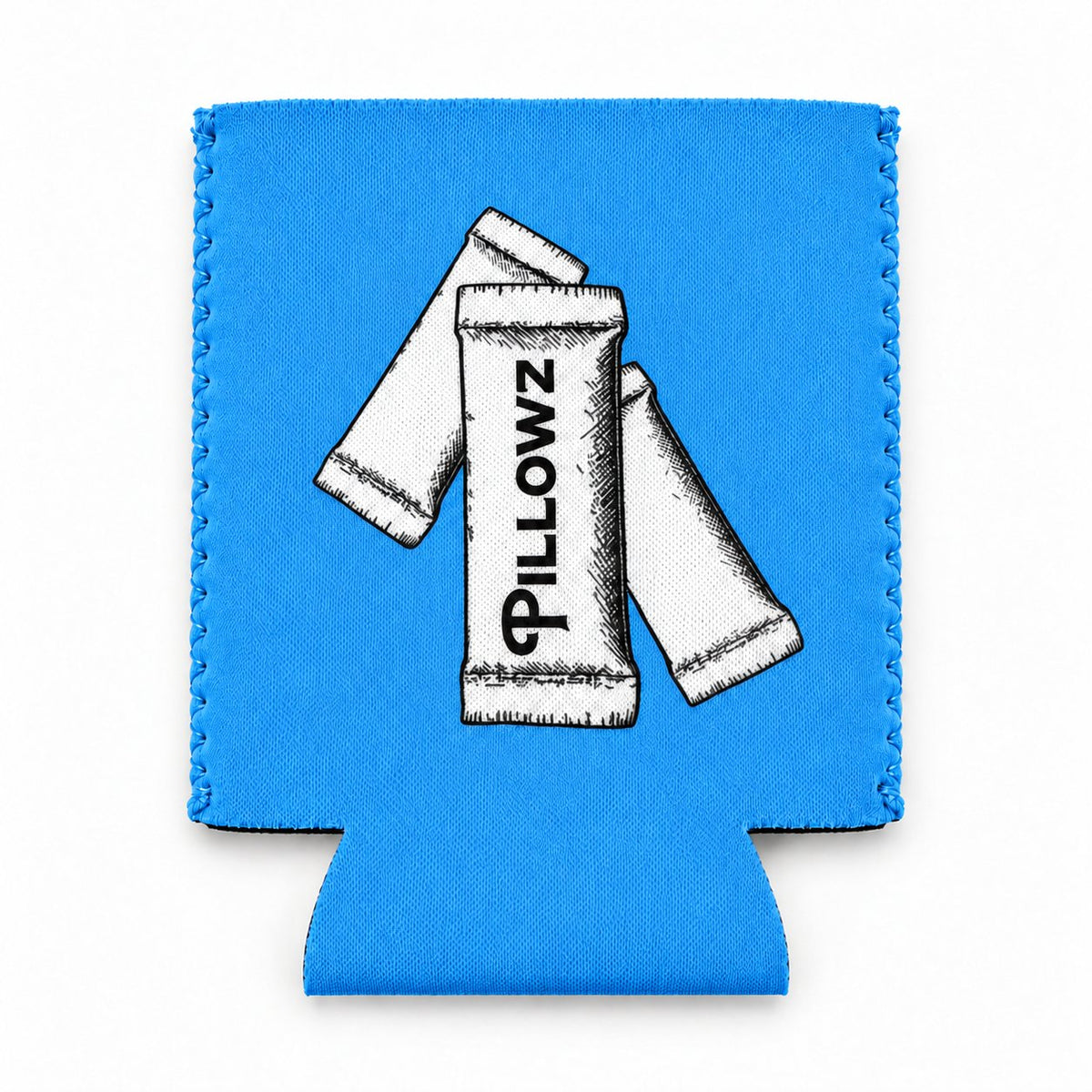 Blue Pillowz neoprene can koozie, pouch illustration side, laid flat