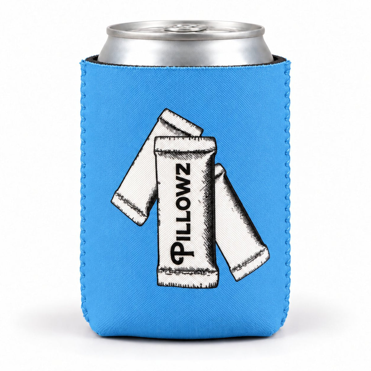 Blue Pillowz can koozie with pouch illustration on a can
