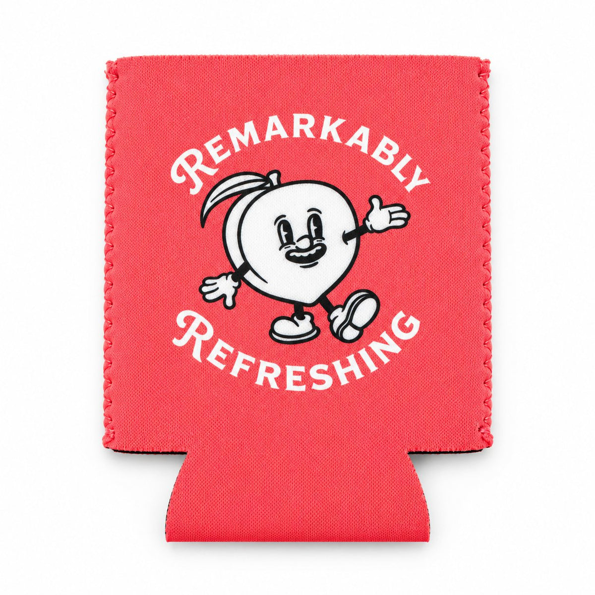 Coral Pillowz neoprene can koozie, peach mascot side, laid flat