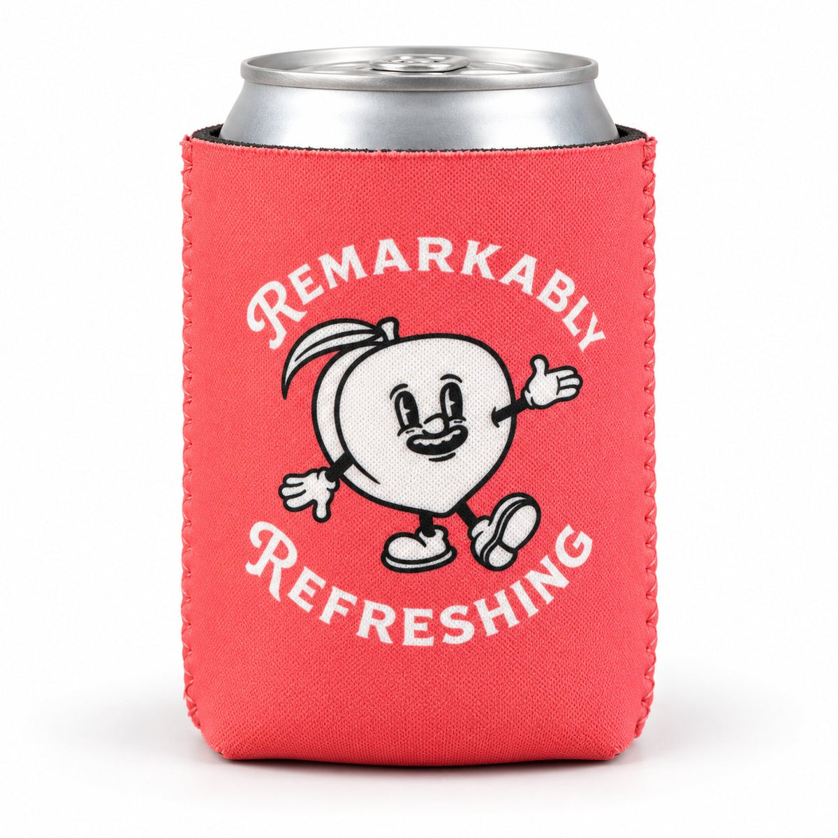 Coral Pillowz can koozie with peach mascot on a can