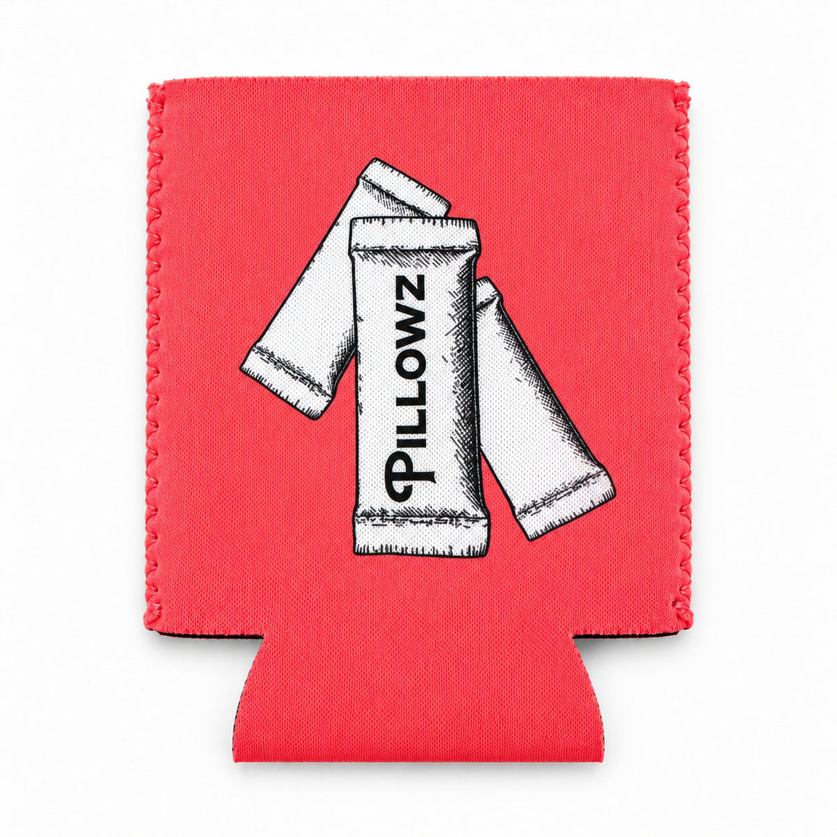 Coral Pillowz neoprene can koozie, pouch illustration side, laid flat