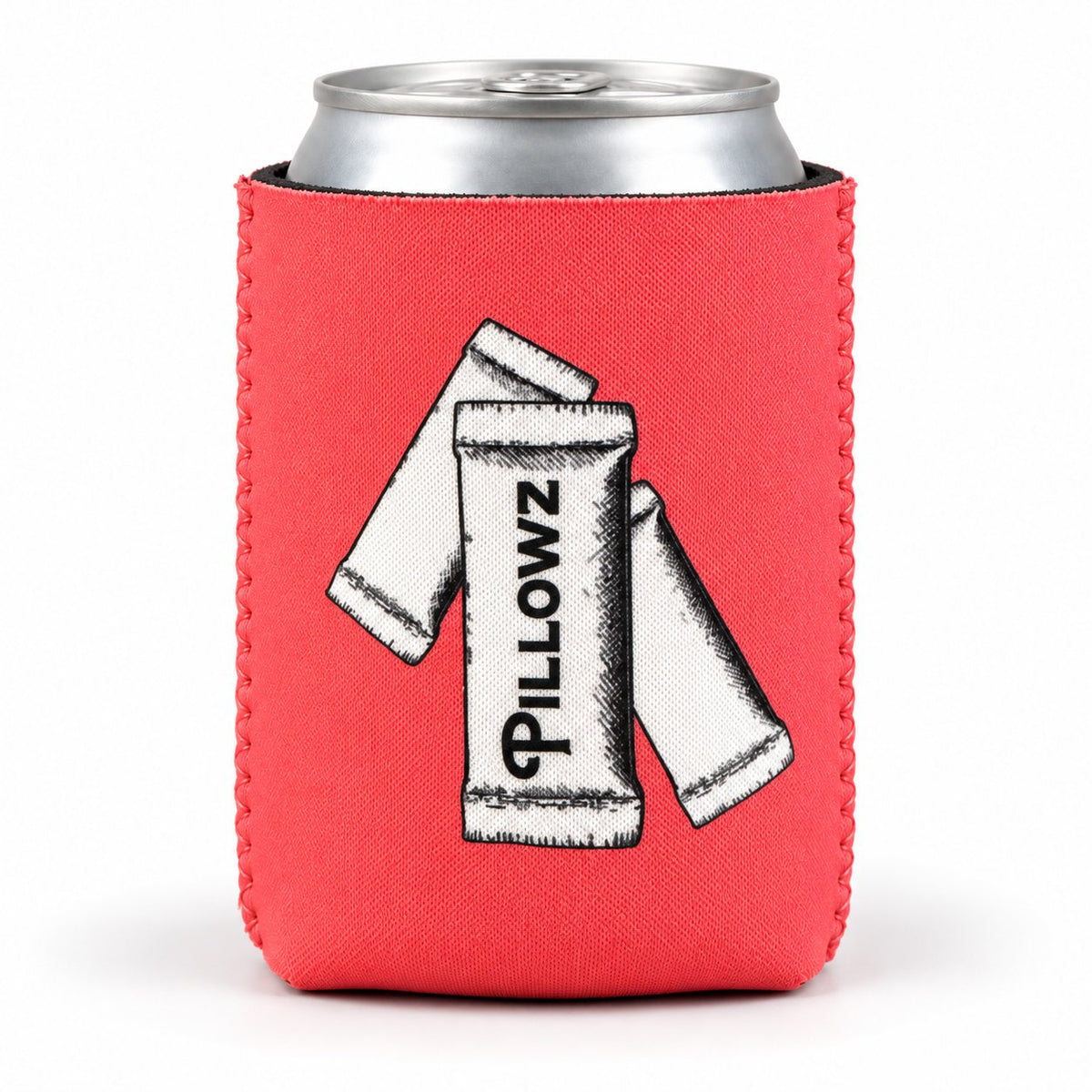 Coral Pillowz can koozie with pouch illustration on a can