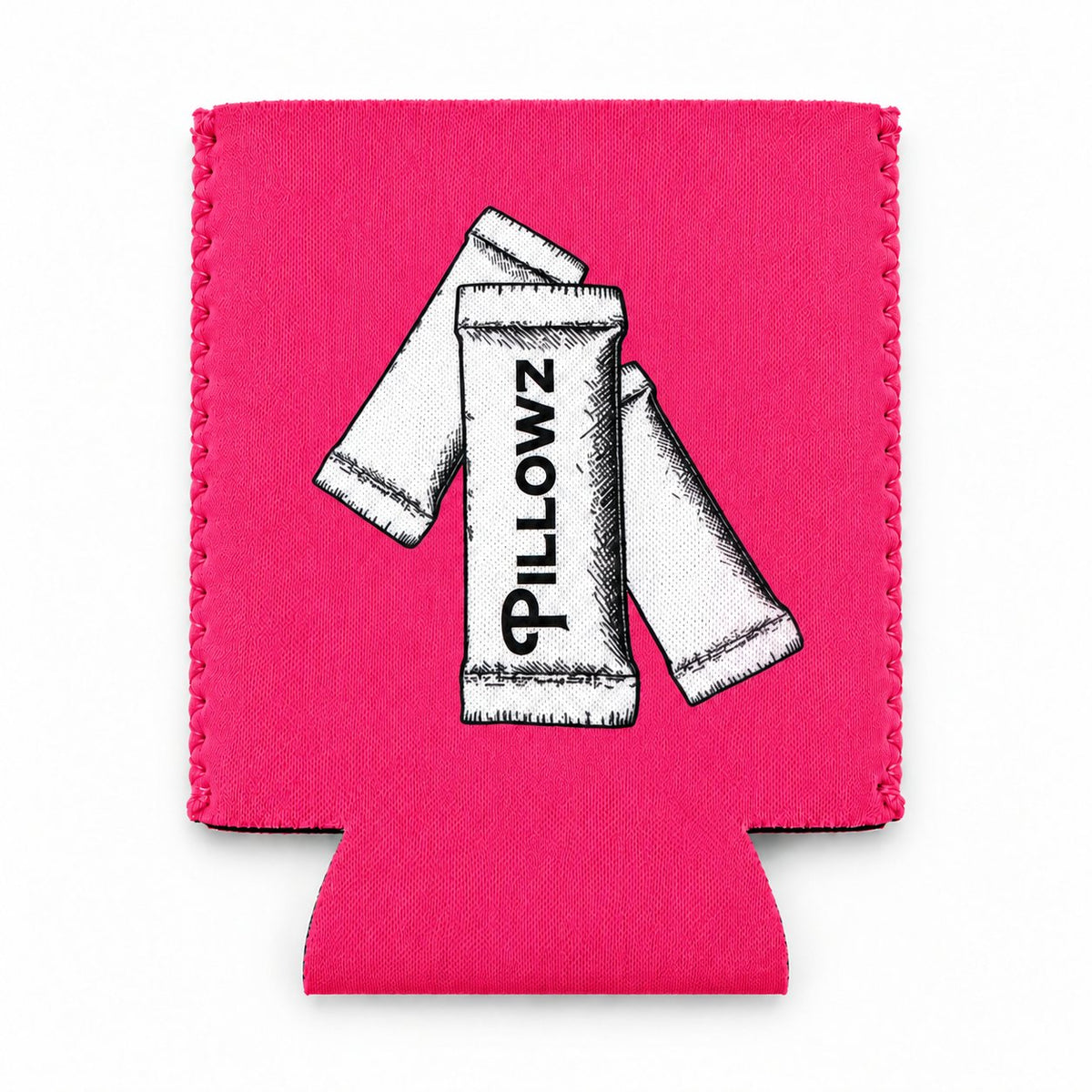 Hot pink Pillowz neoprene can koozie, pouch illustration side, laid flat