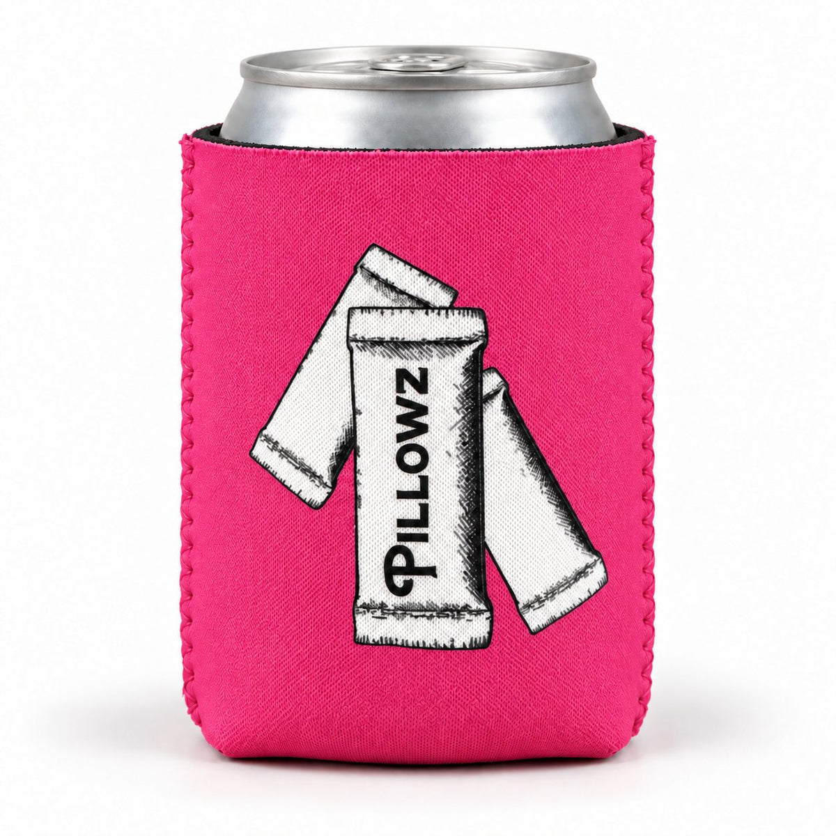 Hot pink Pillowz can koozie with pouch illustration on a can