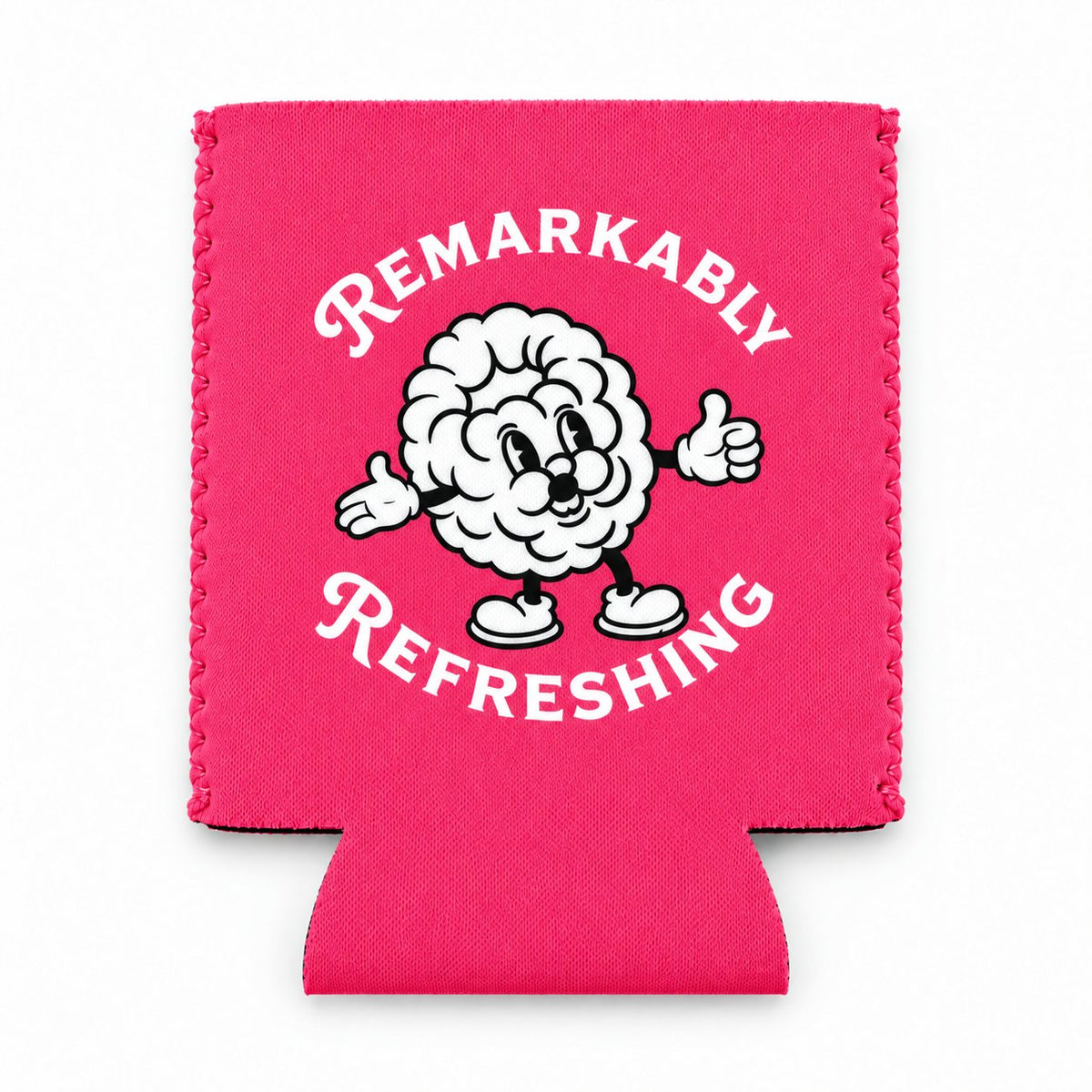 Hot pink Pillowz neoprene can koozie, raspberry mascot side, laid flat