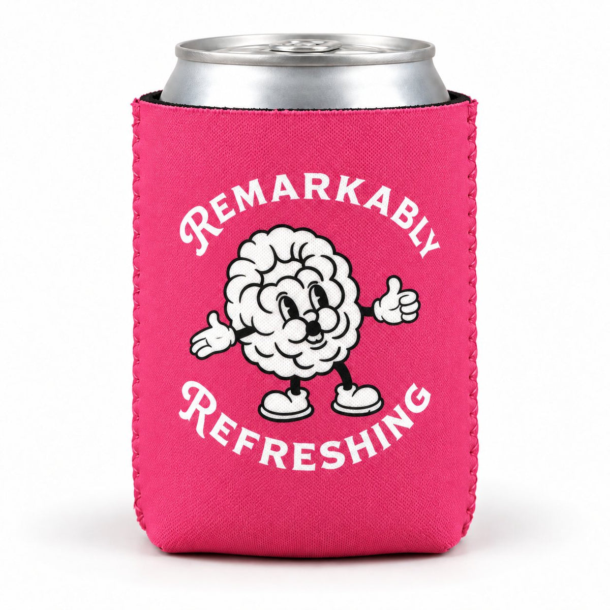 Hot pink Pillowz can koozie with raspberry mascot on a can