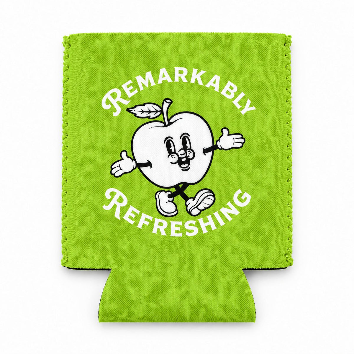 Lime green Pillowz neoprene can koozie, apple mascot side, laid flat