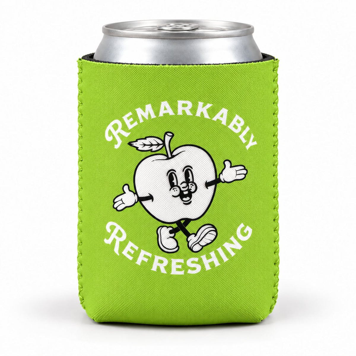 Lime green Pillowz can koozie with apple mascot on a can