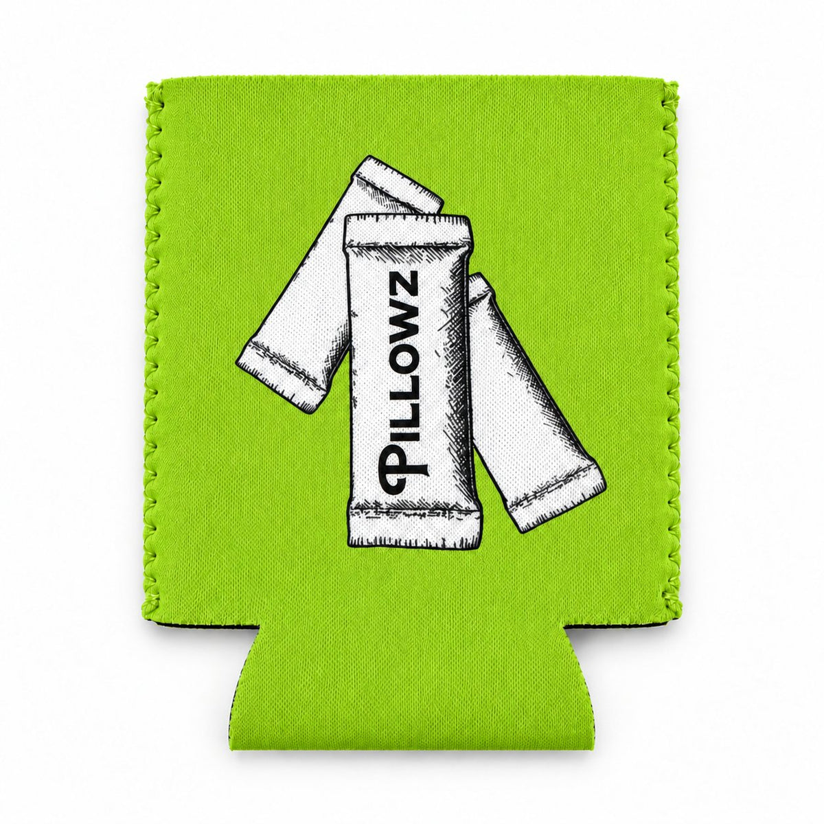 Lime green Pillowz neoprene can koozie, pouch illustration side, laid flat