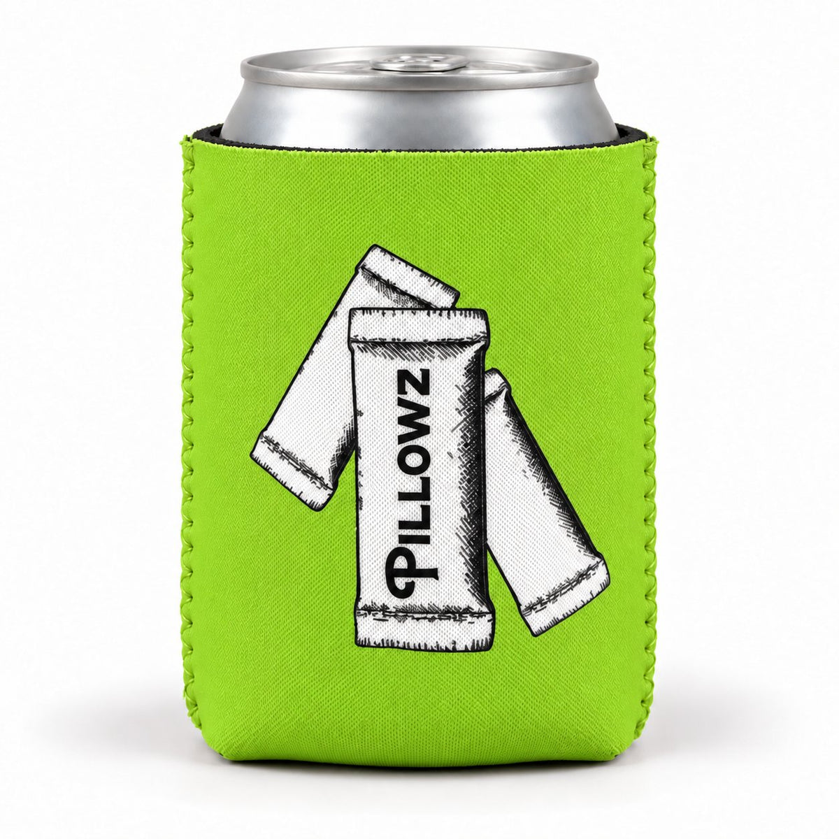 Lime green Pillowz can koozie with pouch illustration on a can
