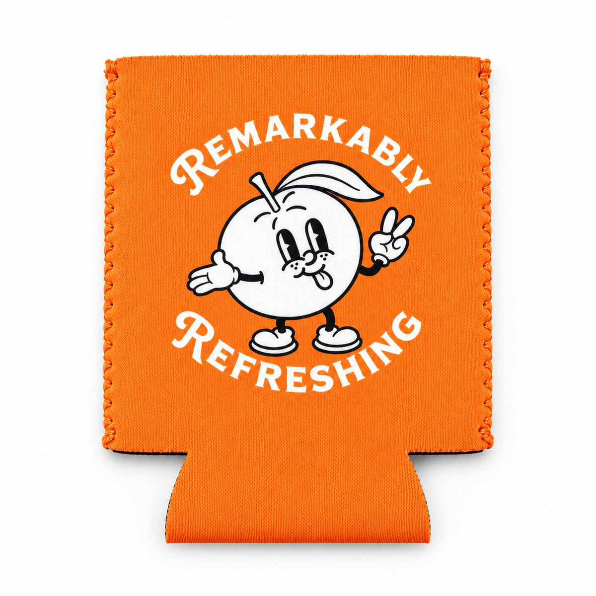 Orange Pillowz neoprene can koozie, orange mascot side, laid flat
