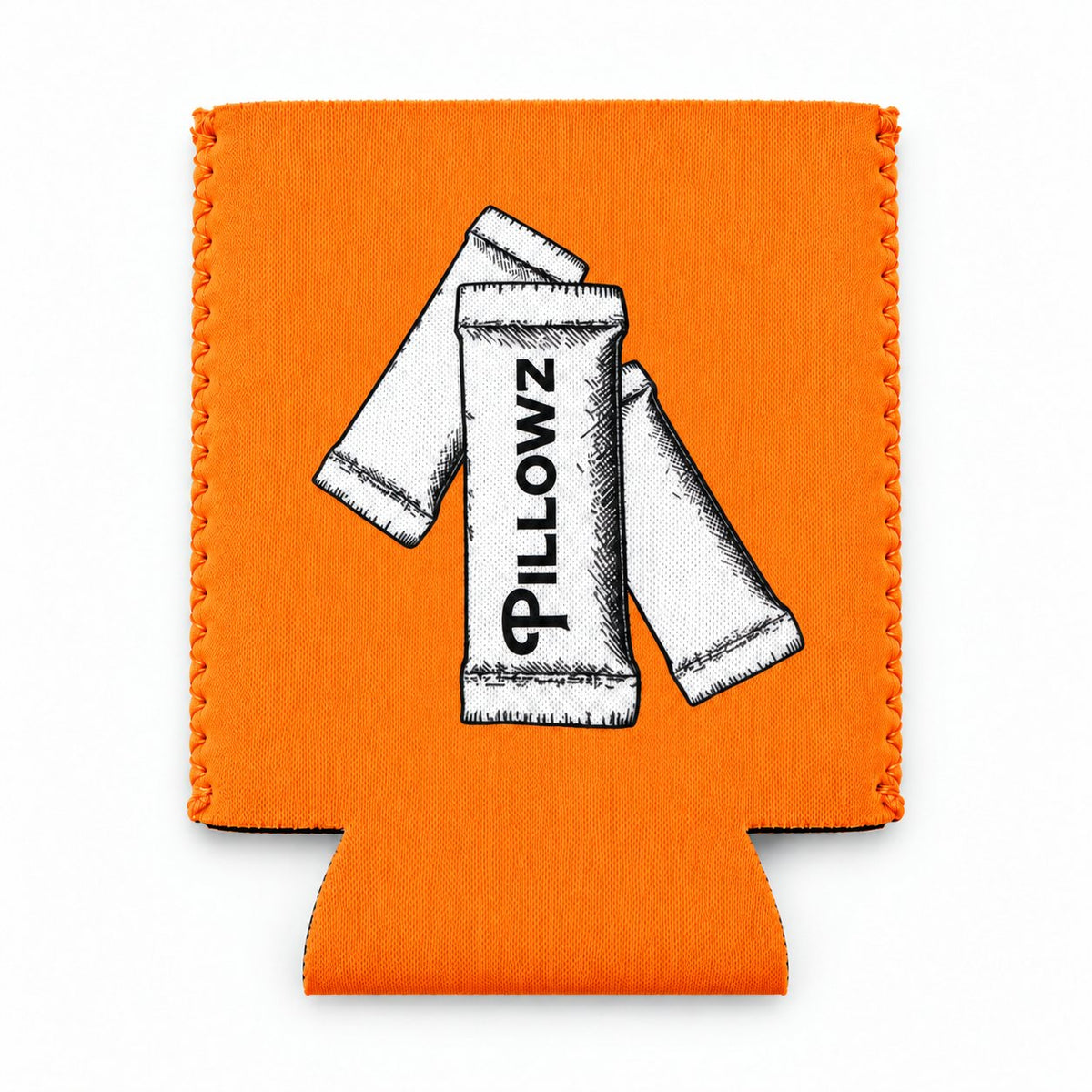 Orange Pillowz neoprene can koozie, pouch illustration side, laid flat