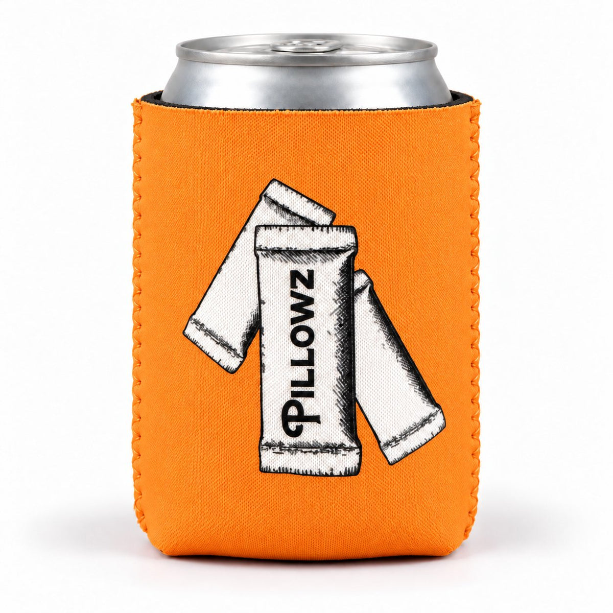 Orange Pillowz can koozie with pouch illustration on a can